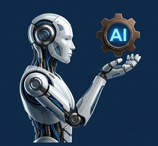 A humanoid robot holding a glowing gear marked AI